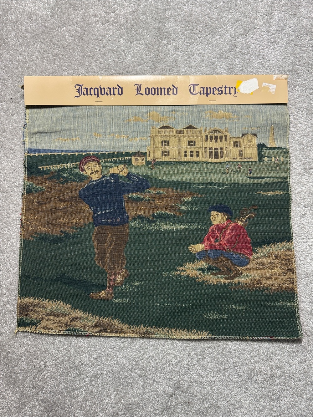 GOLF AT ST ANDREWS SCOTLAND JACQUARD LOOMED TAPESTRY PANEL SIZE 18"X18"
